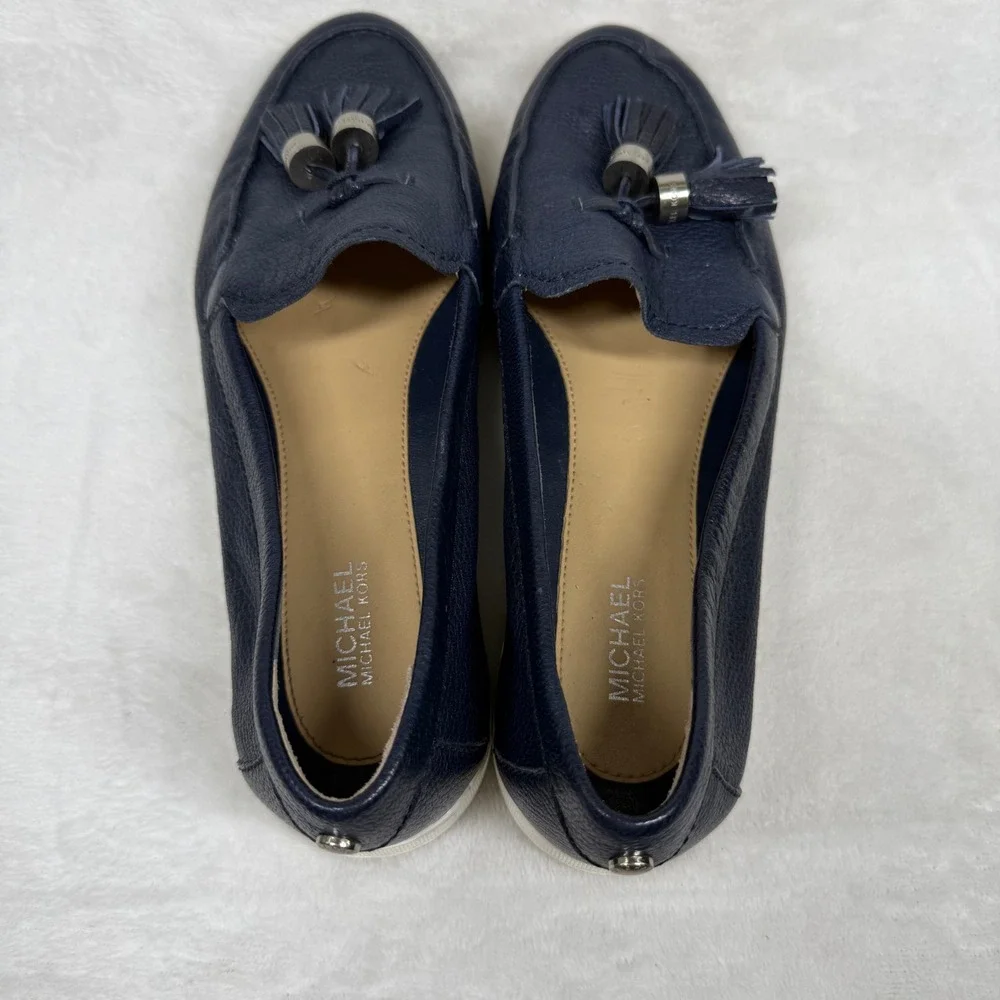 Michael‎ Kors Navy Pebbled Leather Tassel Loafer Sneakers Silver Hardware Blue 7